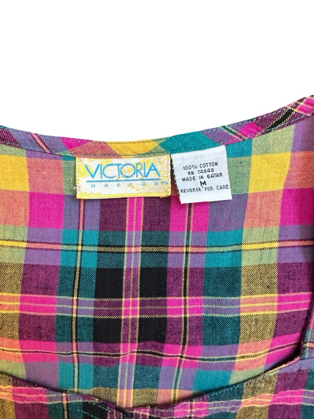 Vintage Multicolor Black Pink Plaid W's M 100% Cotton Button Front Dress Pockets - Picture 3 of 12